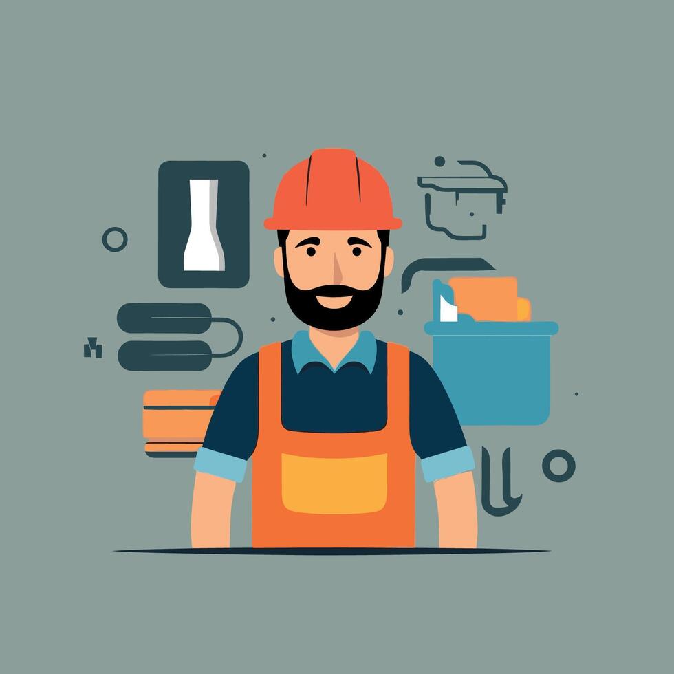 worker and builder wearing construction hat and tools vector