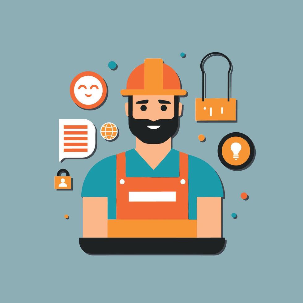 worker and builder wearing construction hat and tools vector