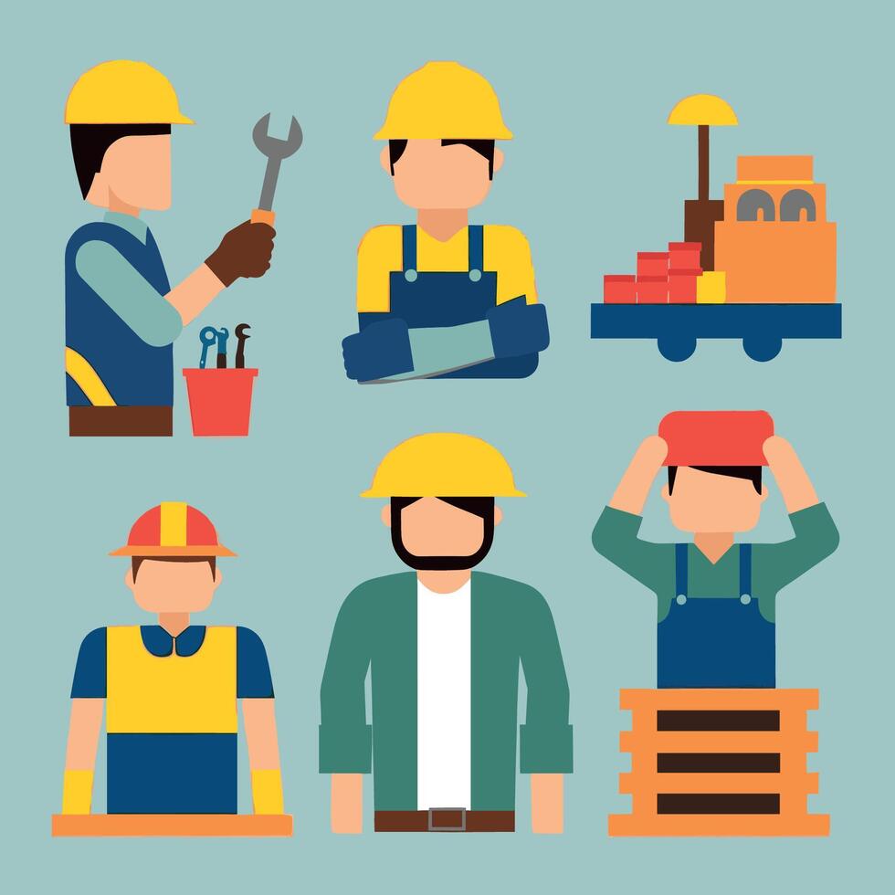 worker and builder wearing construction hat and tools vector