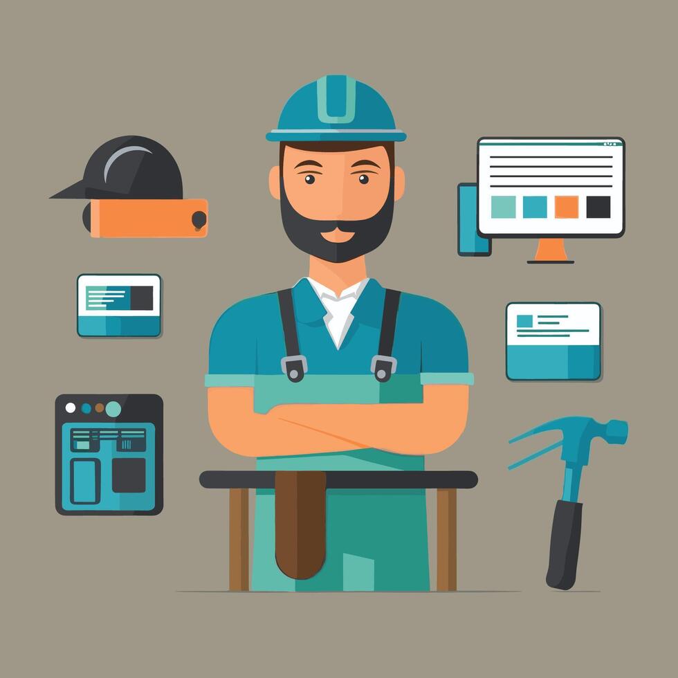 worker and builder wearing construction hat and tools vector