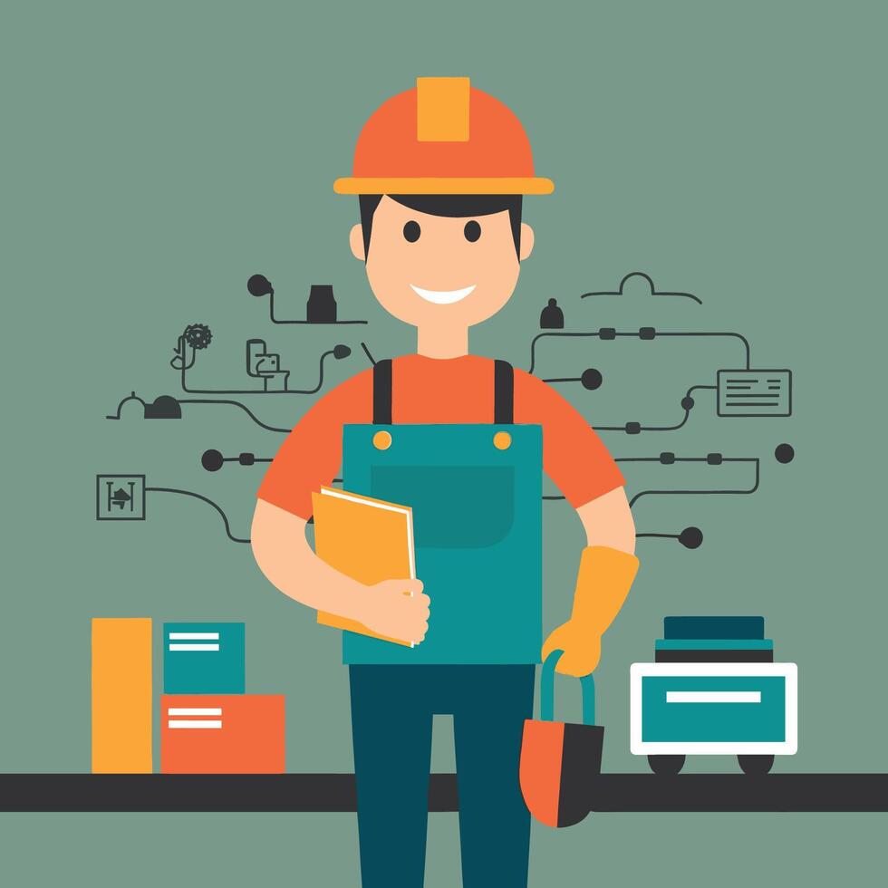worker and builder wearing construction hat and tools vector