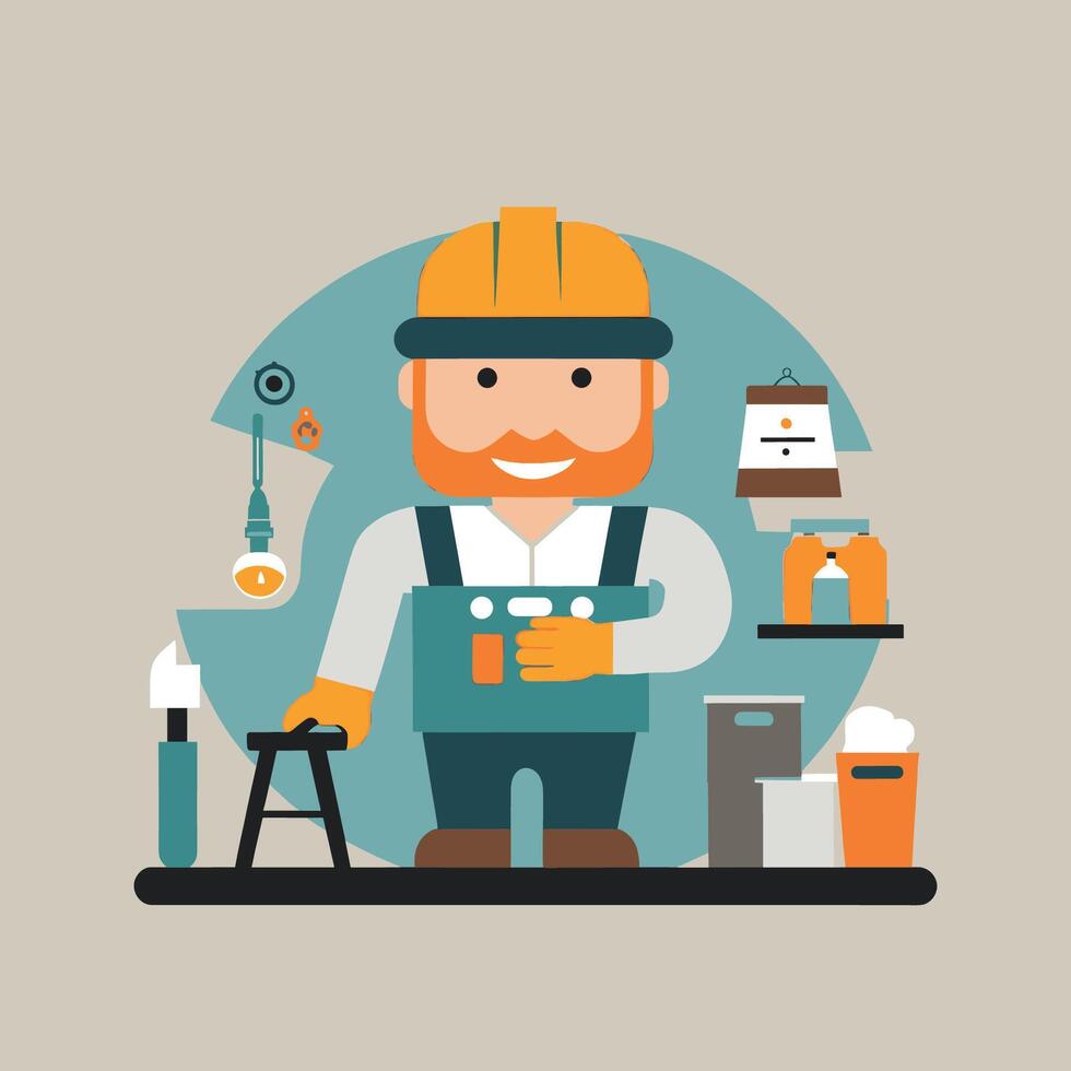 worker and builder wearing construction hat and tools vector