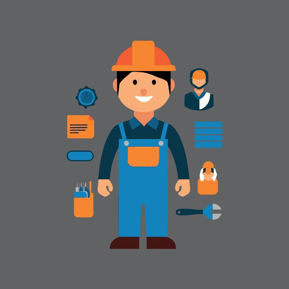 worker and builder wearing construction hat and tools vector