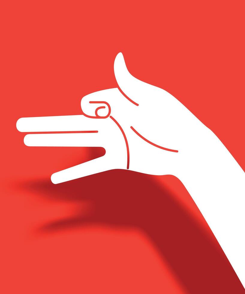 silhouette of hand making shadow game forming a dog on red background vector