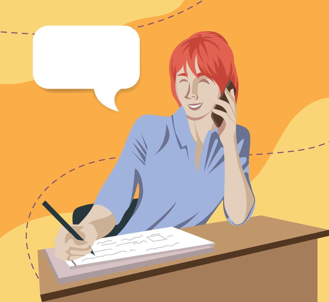 smiling secretary working in the office talking on the phone and taking notes vector