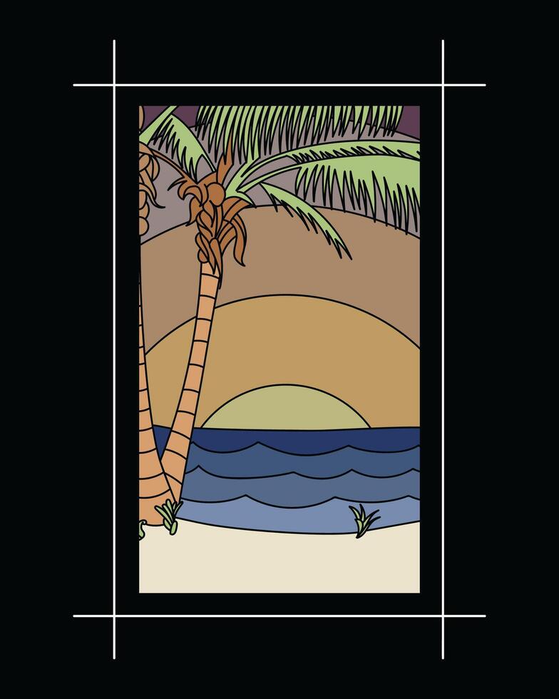 illustration of tropical sunset on the beach with palm trees on black background vector