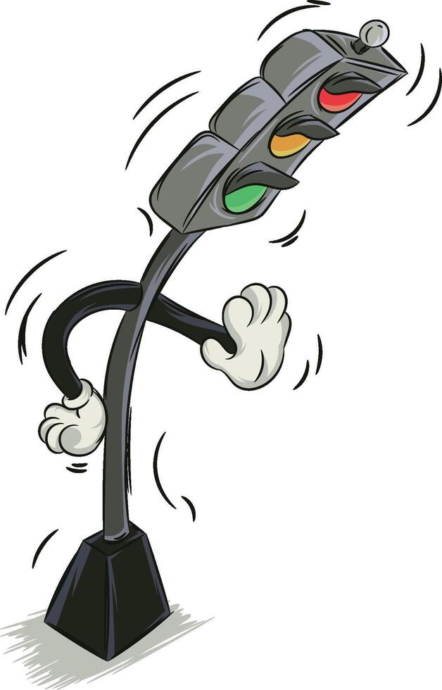 cartoon illustration of animated and funny traffic light with gloves stopping traffic vector
