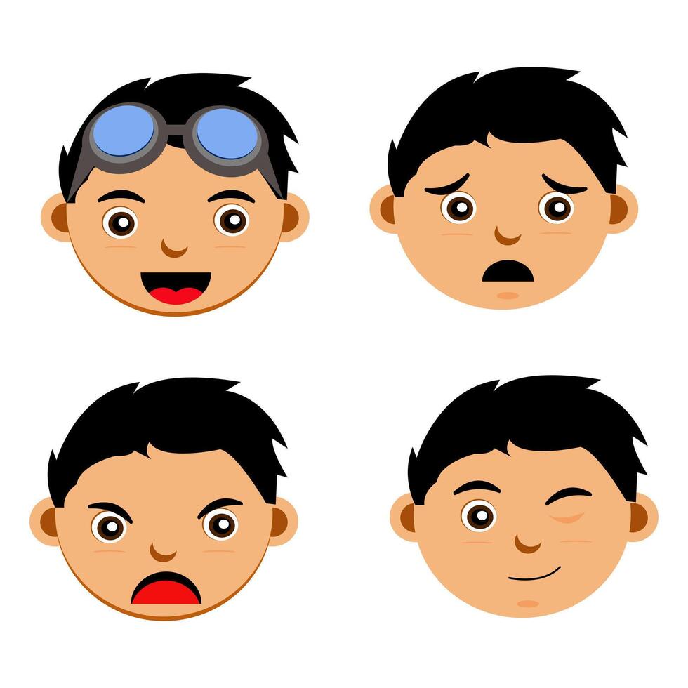 kawai of sad, funny, angry, happy facial expressions vector