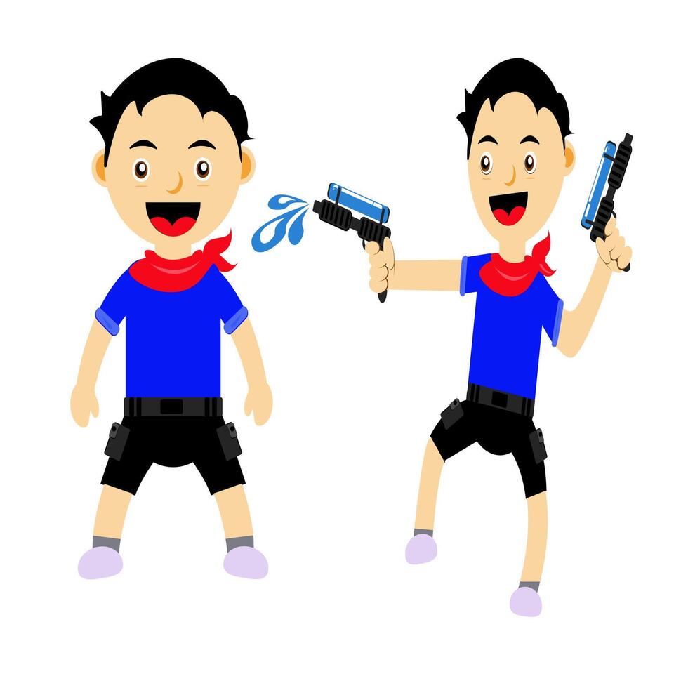 cartoon child playing with water gun vector