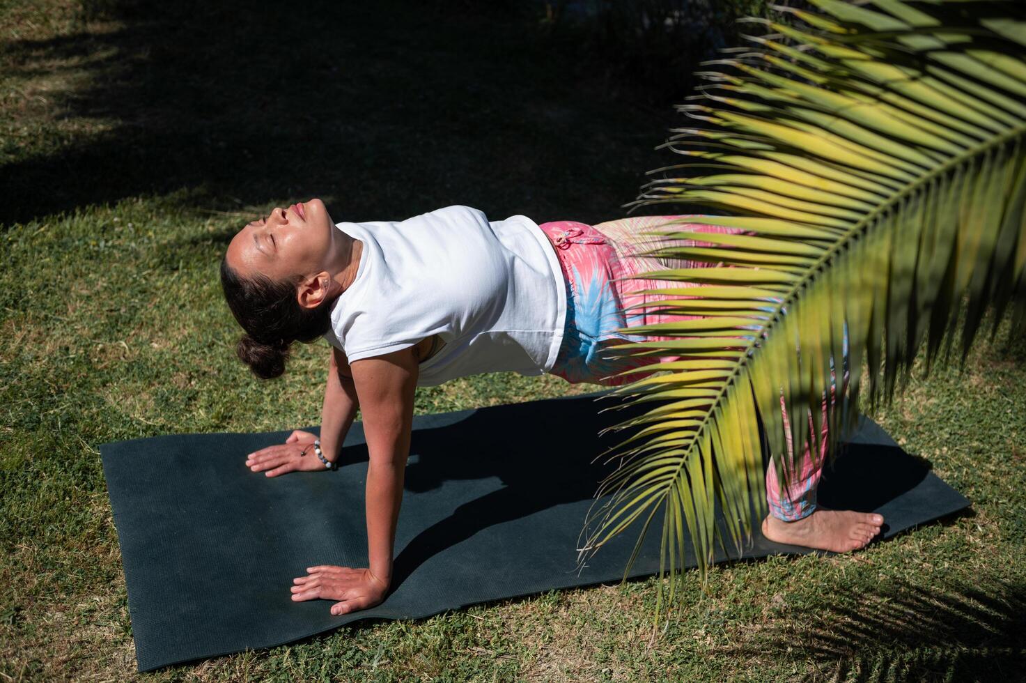 Woman practicing yoga outdoors performing upward plank pose on a mat in a sunny garden photo