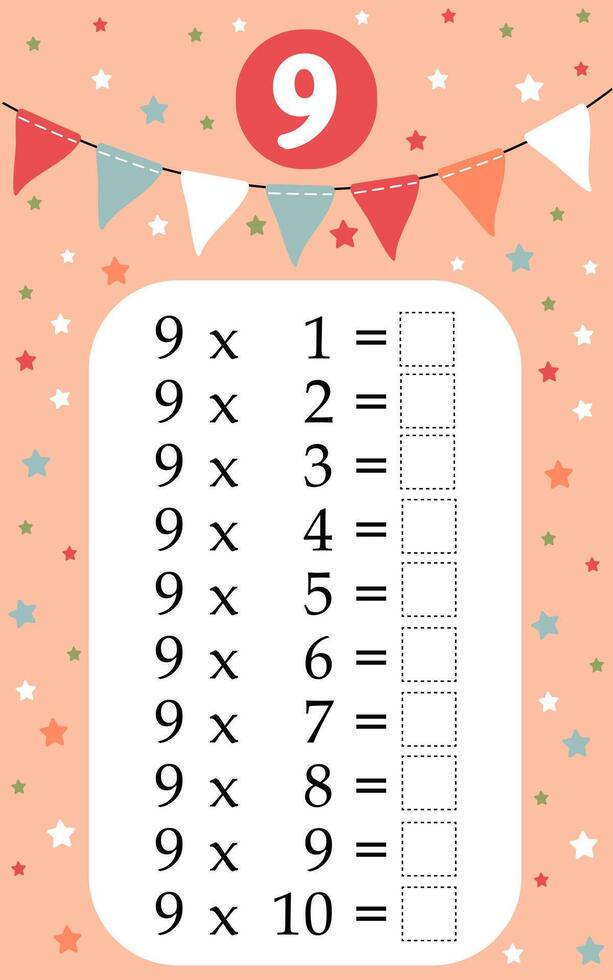 Multiplication table by 9 with a task to consolidate the knowledge of multiplication. illustration vector