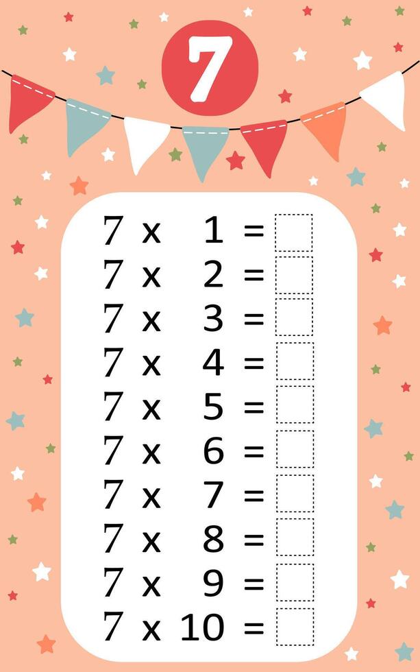 Multiplication table by 7 with a task to consolidate the knowledge of multiplication. illustration vector
