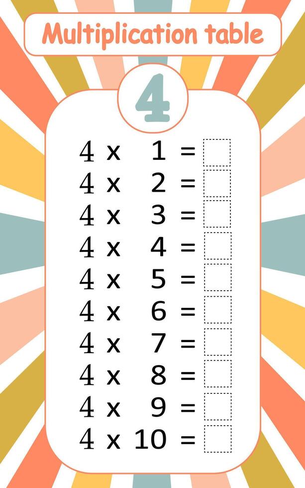 Multiplication table by 4 with a task to consolidate the knowledge of multiplication. illustration vector