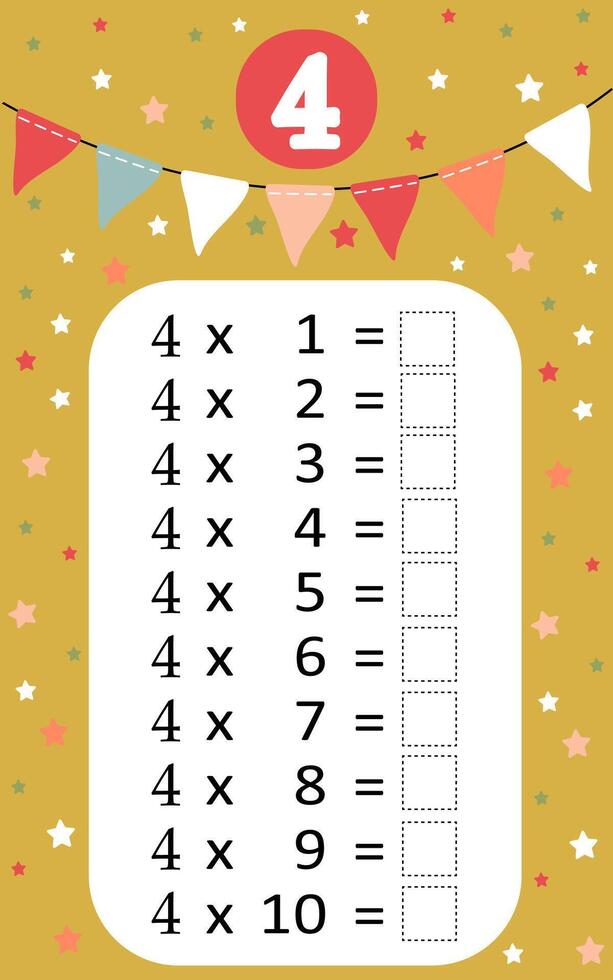 Multiplication table by 4 with a task to consolidate the knowledge of multiplication. illustration vector