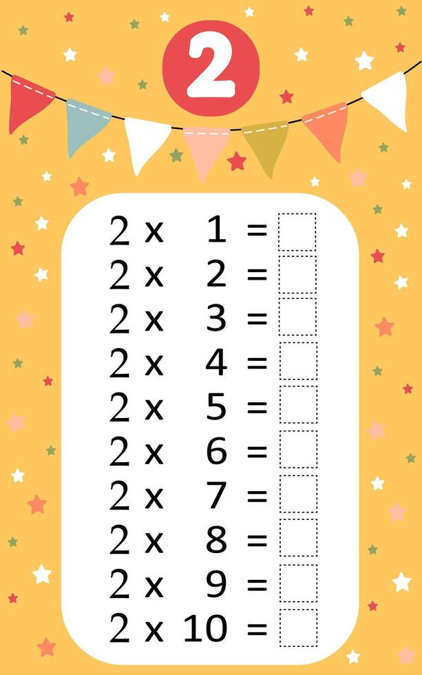 Multiplication table by 2 with a task to consolidate the knowledge of multiplication. illustration vector