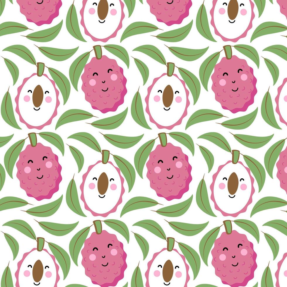 Summer background strawberry lychee with fruits and fun pattern. vector