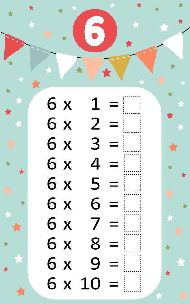 Multiplication table by 6 with a task to consolidate the knowledge of multiplication. illustration vector