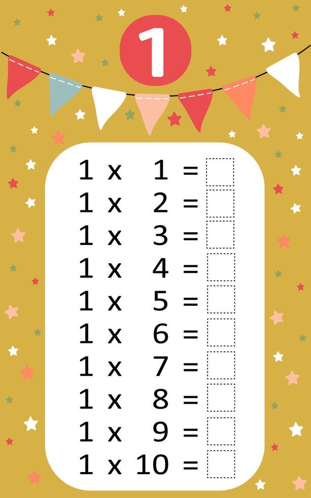 Multiplication table by 1 with a task to consolidate the knowledge of multiplication. illustration vector