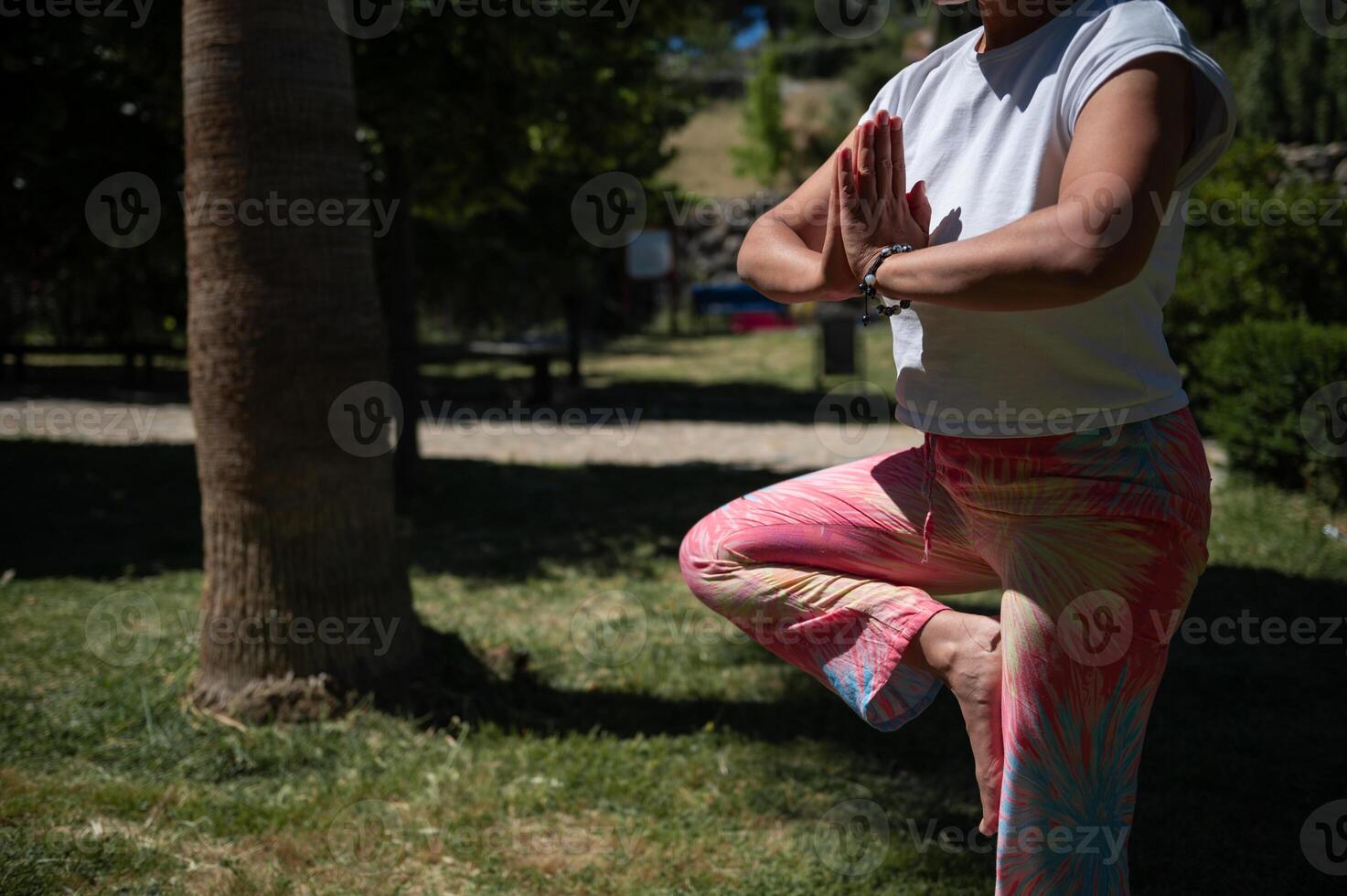 Woman practicing yoga outdoors in a park, focus on tree pose with vibrant leggings photo