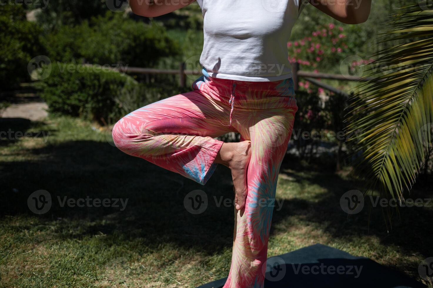 Woman practicing yoga tree pose outdoors in colorful pants photo