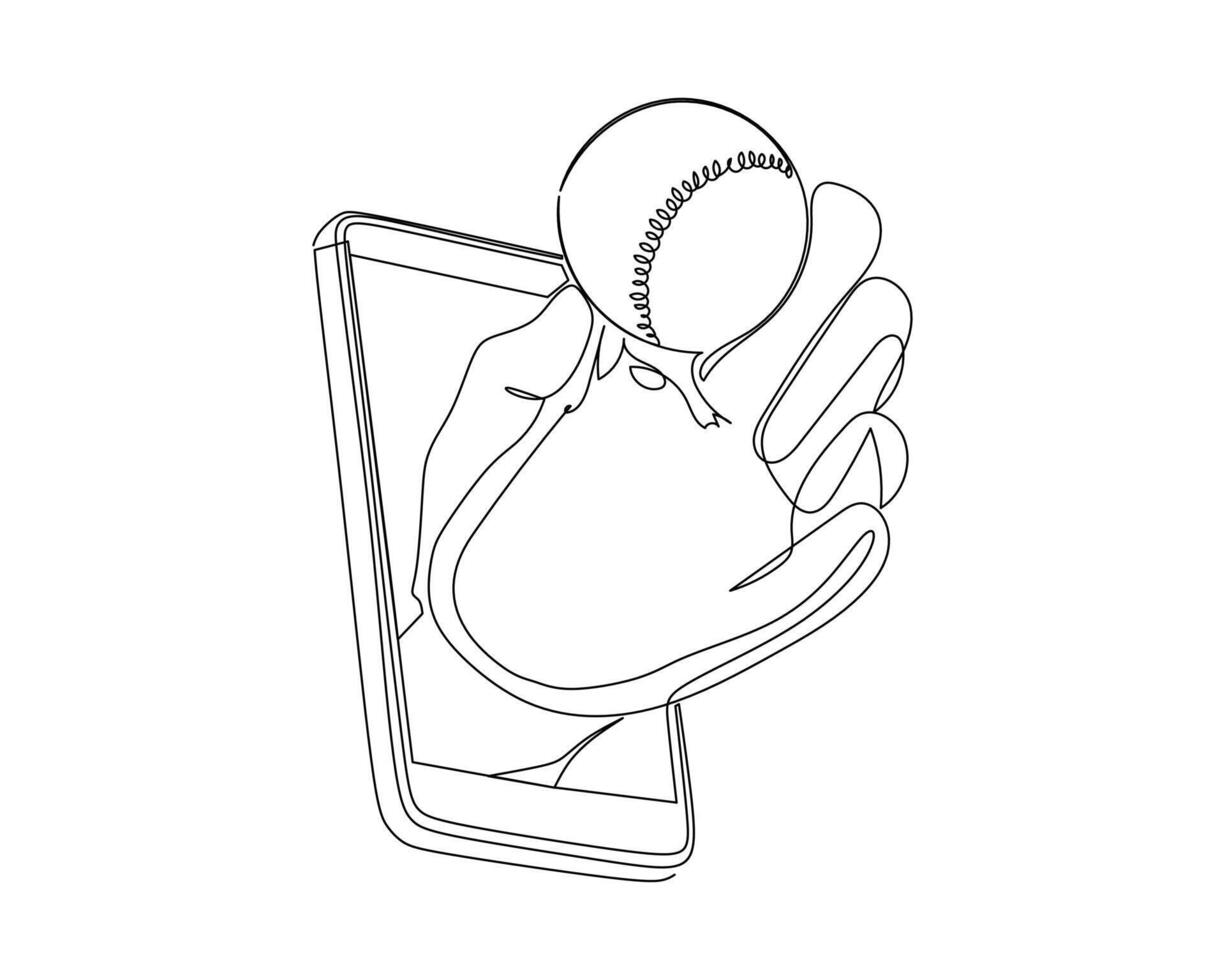 Continuous line drawing of a pitcher hand holds baseball ball with glove through mobile phone. Smartphone with baseball games app. Mobile sports stream championship. Hand drawn style illustration vector