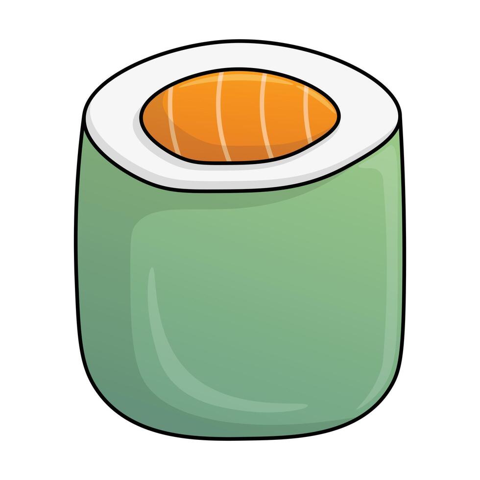 Rolled rice wrapped with nori with raw a slice of salmon fish. Traditional Japanese cuisine illustration and design element on white background. vector