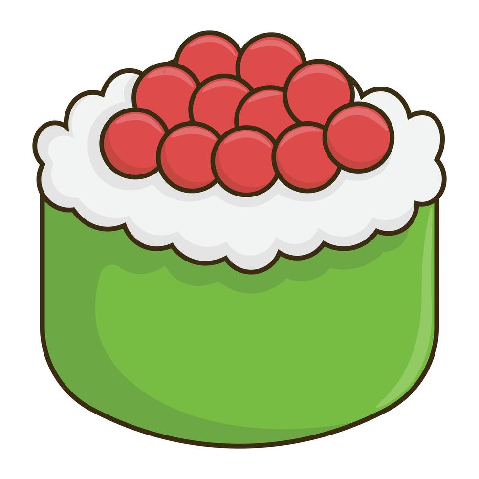 A sushi roll with a green seaweed encasing white rice with salmon fish roe topping. Ikura Maki food illustration. vector