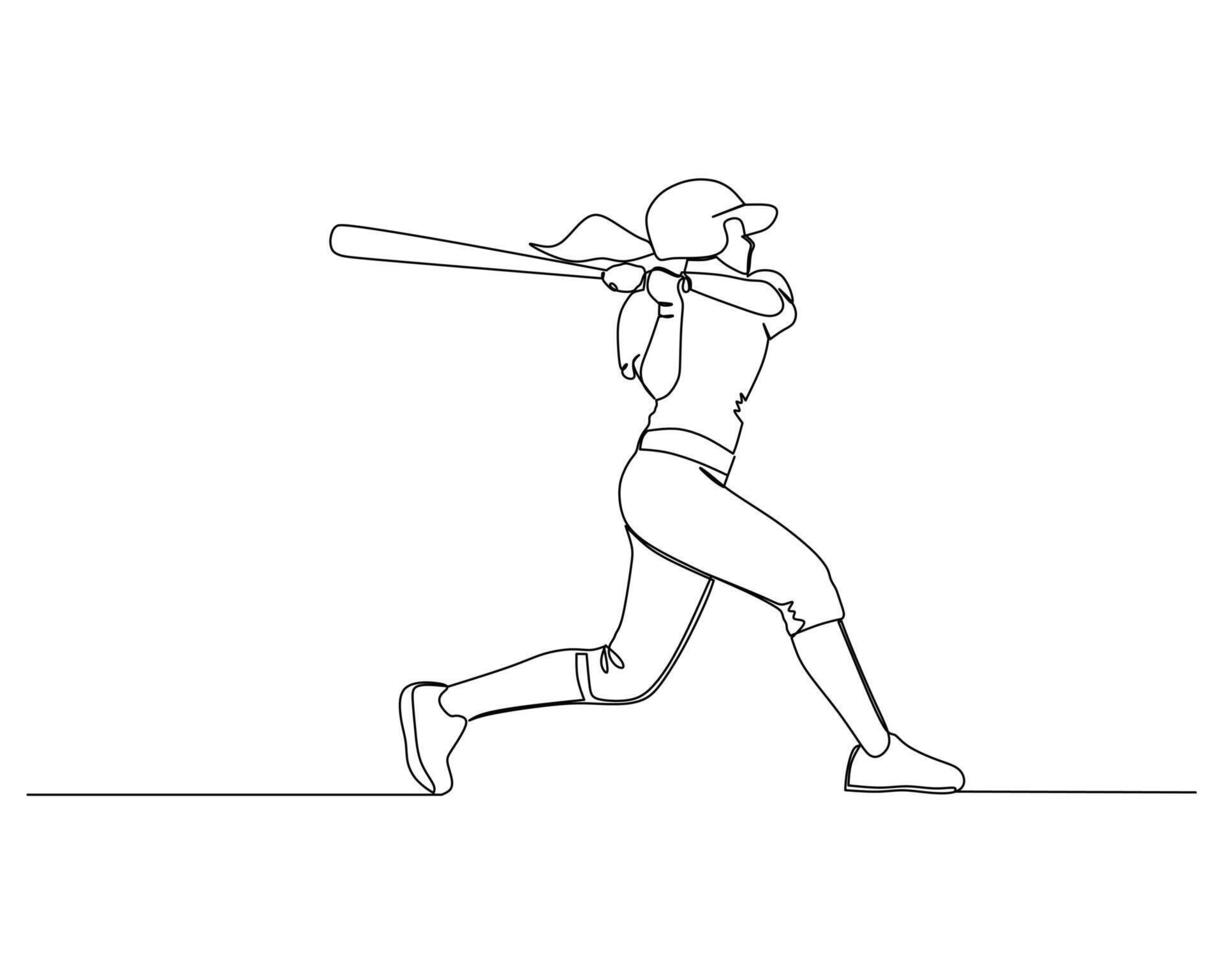 Young energetic woman batter practice to hit the ball. Sport training concept. Modern continuous line drawing illustration for baseball tournament banner design vector