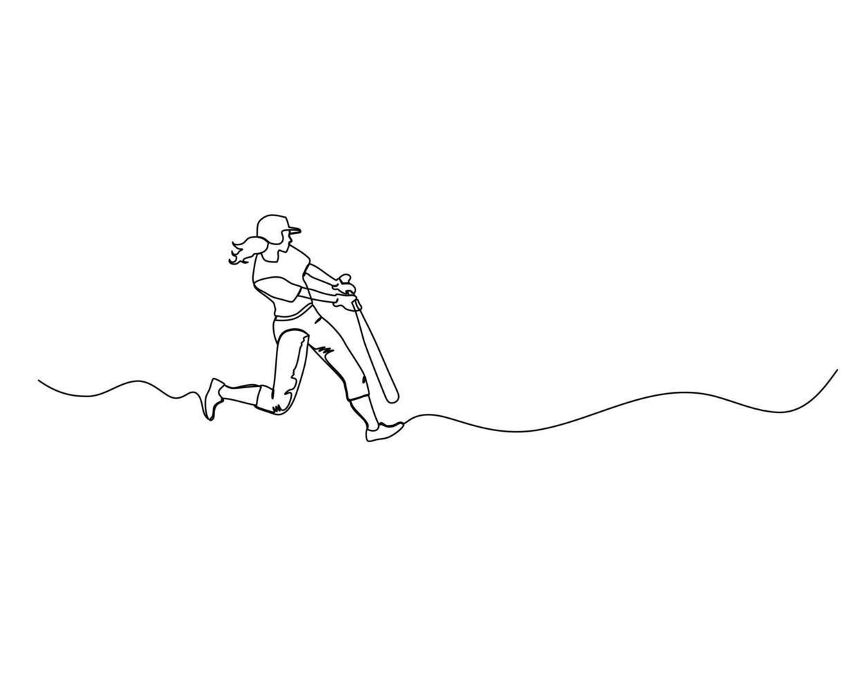 One single line drawing of young energetic woman baseball player practice to hit the ball illustration. Sport training concept. Modern continuous line draw design for baseball tournament banner vector