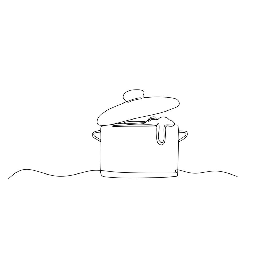 A pot with its lid slightly ajar and an overflow of food out of it. continuous line drawing for cooking in the kitchen minimalist art style drawing. vector
