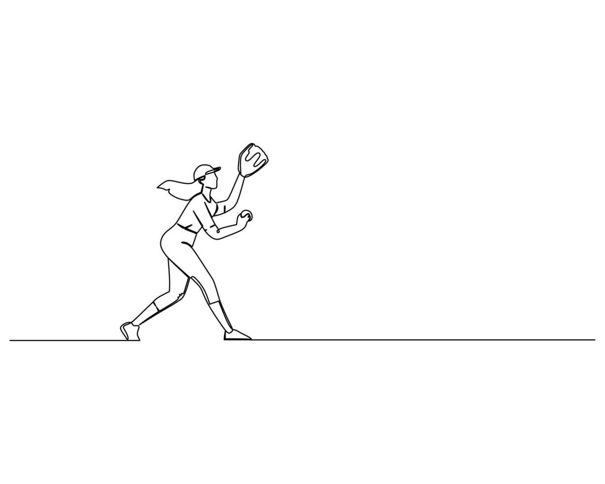 Line drawing of a female baseball player on attire in a dynamic throwing and catching pose with one arm extended back and the other bent at the elbow. Baseball action and practice concept vector