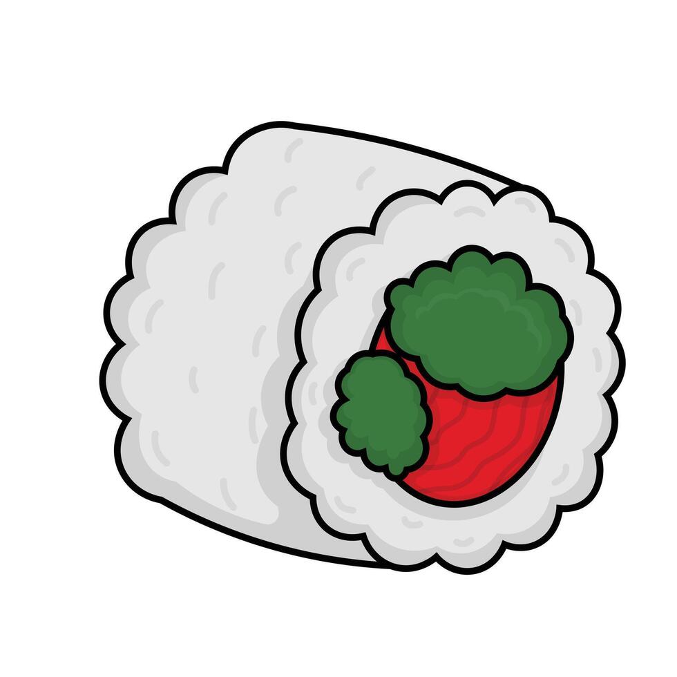a piece of nigiri with tuna or maguro, and wasabi garnish on top isolated on white background. Japanese cuisine illustration for tradition Asian food design and concept vector