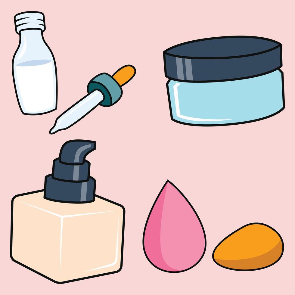 A cartoon drawing of various beauty products such as a bottle of milk vector