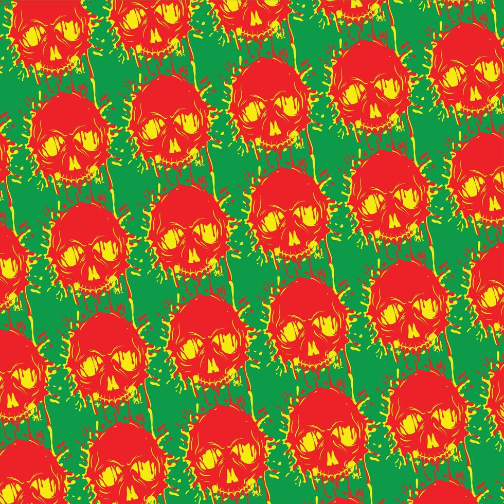 Seamless pattern with red skulls on green background. vector