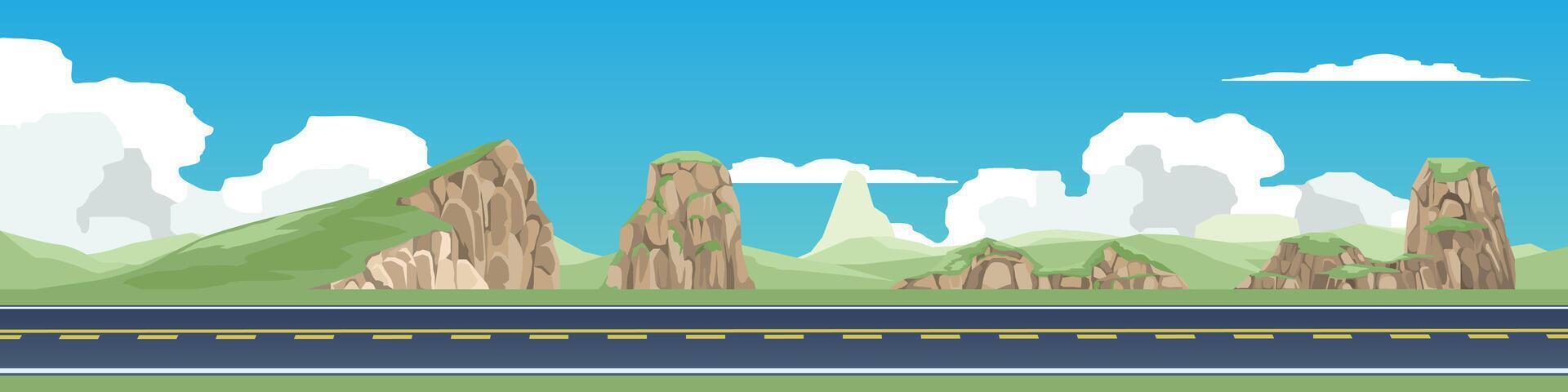 Horizontal view of empty asphalt road. Background of hill with a large cliff. and the mountain ranges far away. Under the white clouds and blue sky. vector