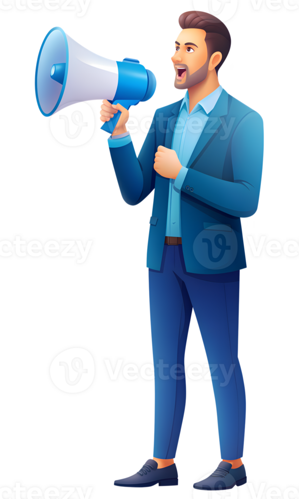Enthusiastic Businessman Announcing with Megaphone in Formal Attire. Side View png