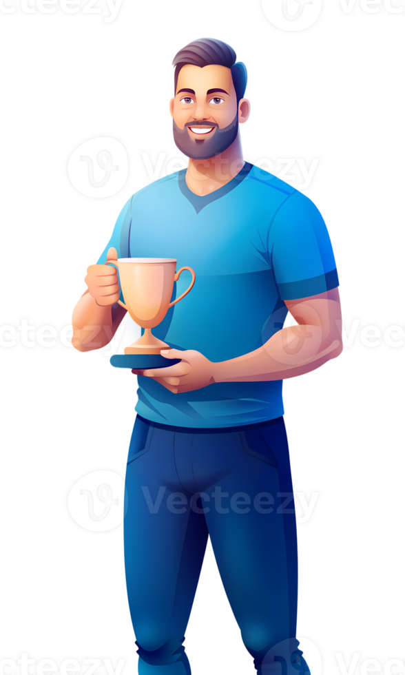 Smiling man in blue t shirt holding a trophy. illustration with transparent background. Fitness achievement and success concept for design and print png