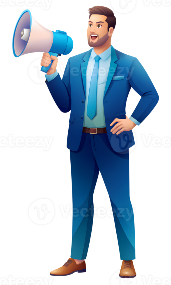 Confident Businessman Announcing with Megaphone in Professional Attire png
