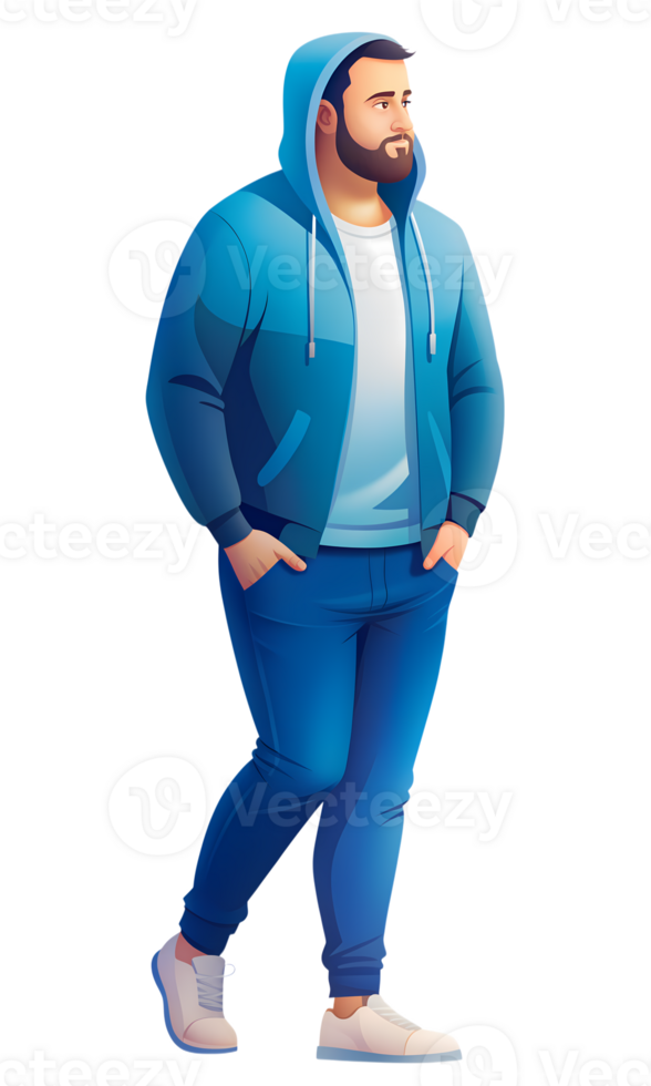 Man in blue hoodie and jeans standing with hands in pockets. Digital illustration isolated on transparent background. Urban fashion and casual style concept for design and print png