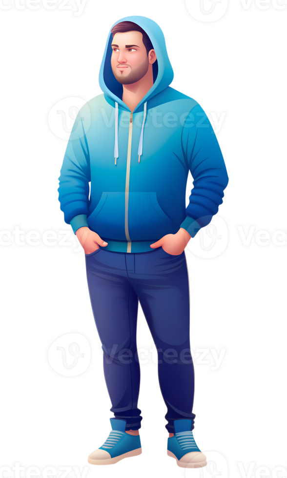 A 30 year old bearded man in blue hoodie and jeans standing with hands in pockets, side view png