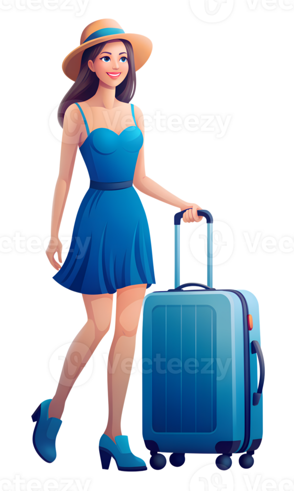 Young woman in a short blue dress and wide brimmed hat, smiling and pulling a suitcase. The cheerful expression and casual travel attire suggest she is ready for a vacation or trip. png