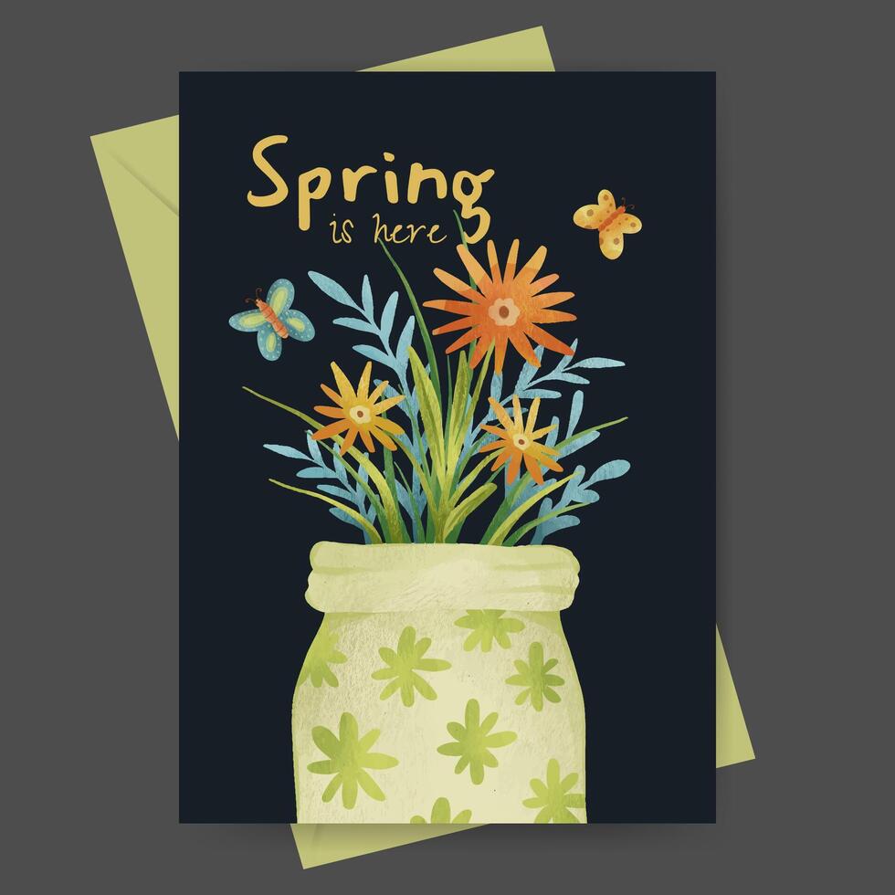 Spring greeting card with jar and flowers illustration. template for flyer poster vector