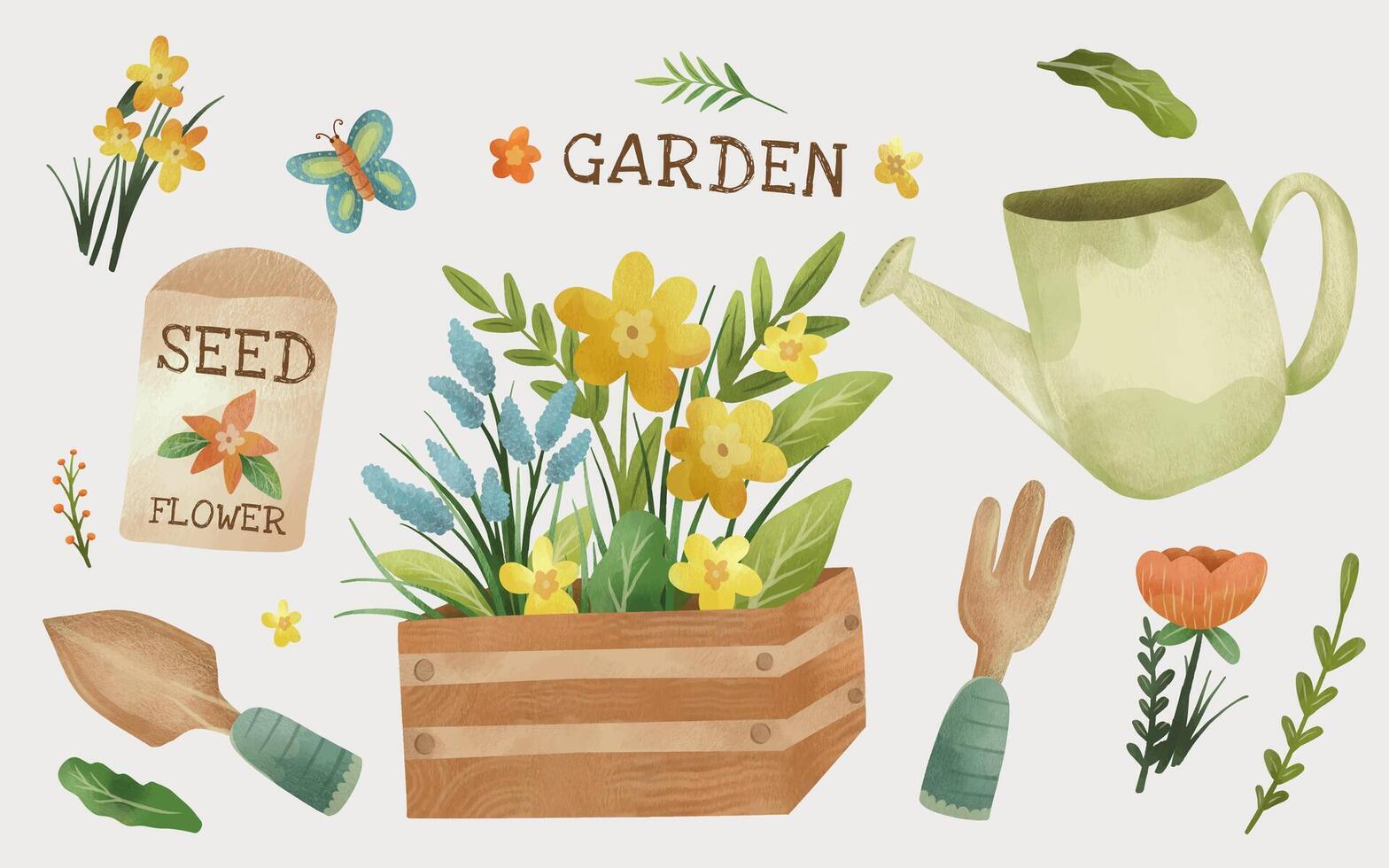 Gardening tools element and spring flowers illustration vector