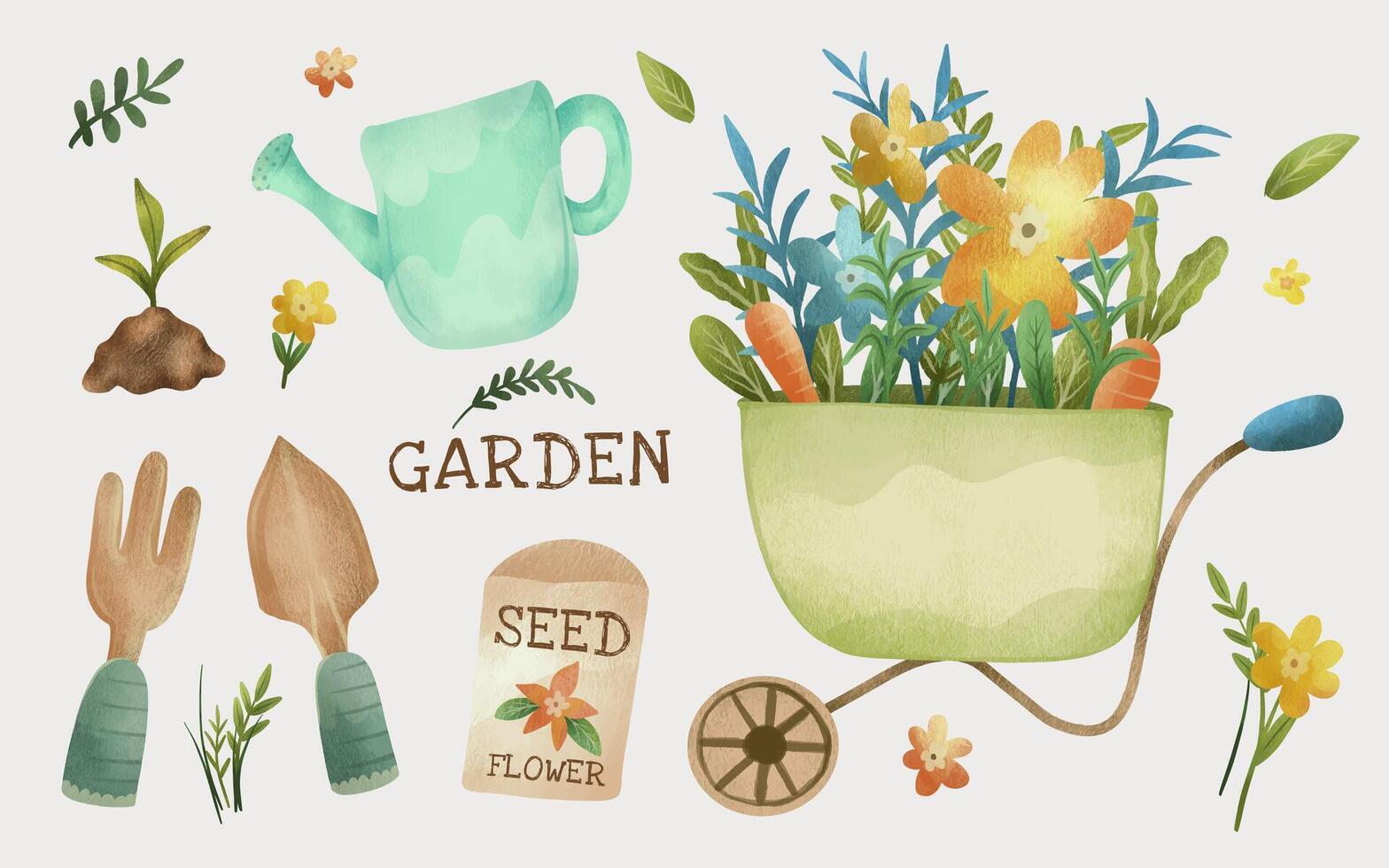 Gardening tools element and spring flowers illustration vector