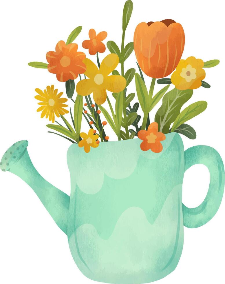 Spring flowers in a garden watering can. floral illustration for card print fabric or poster vector
