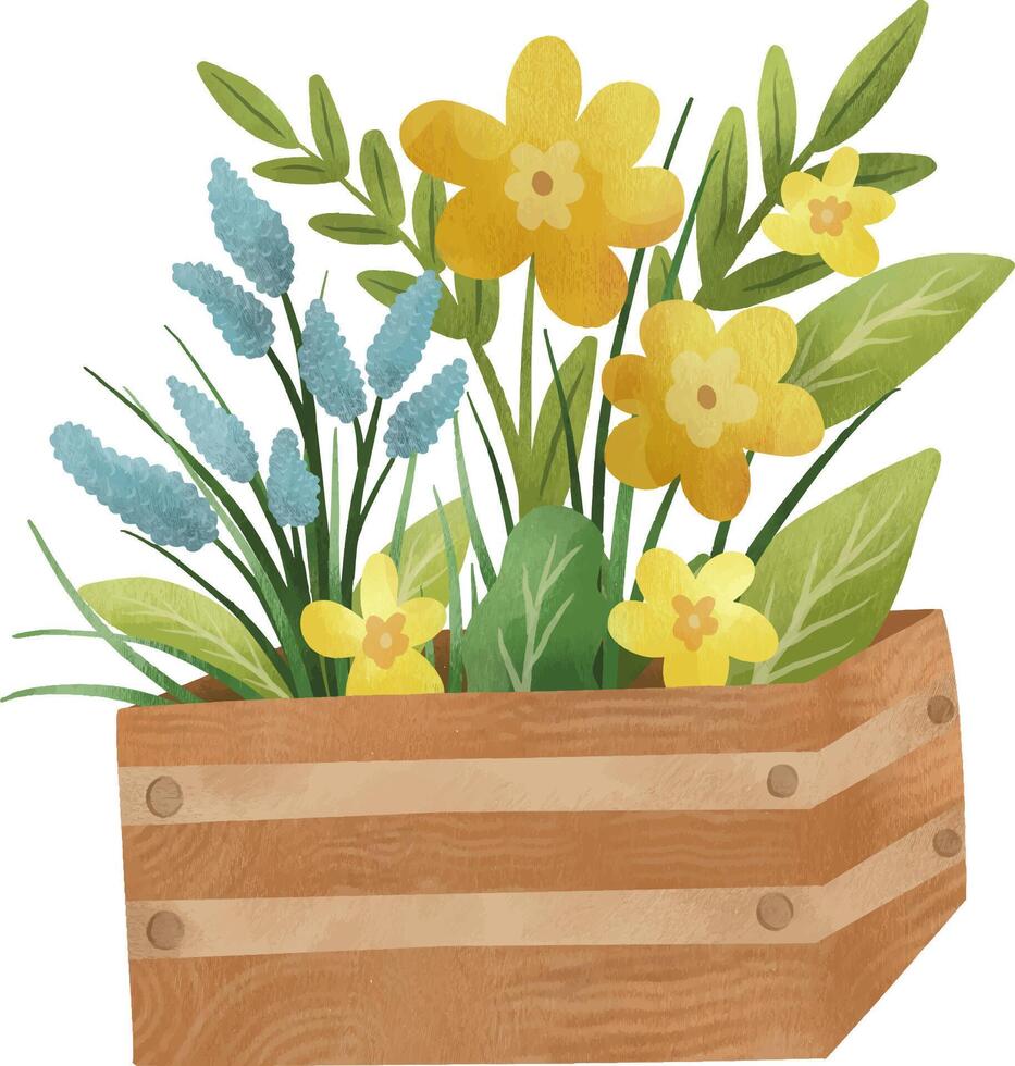Spring flowers with wooden box. floral illustration for card print fabric or poster vector