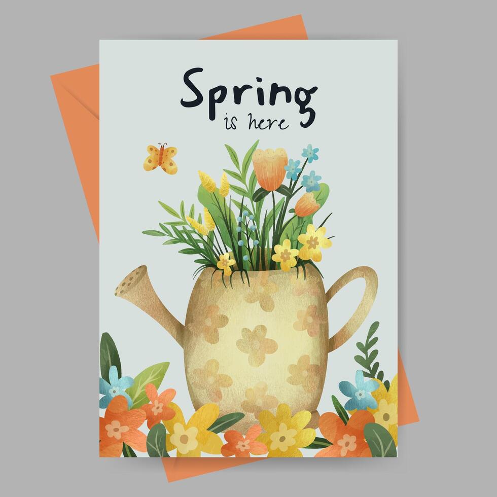 Spring greeting card with watering can and flowers illustration. template for flyer poster vector