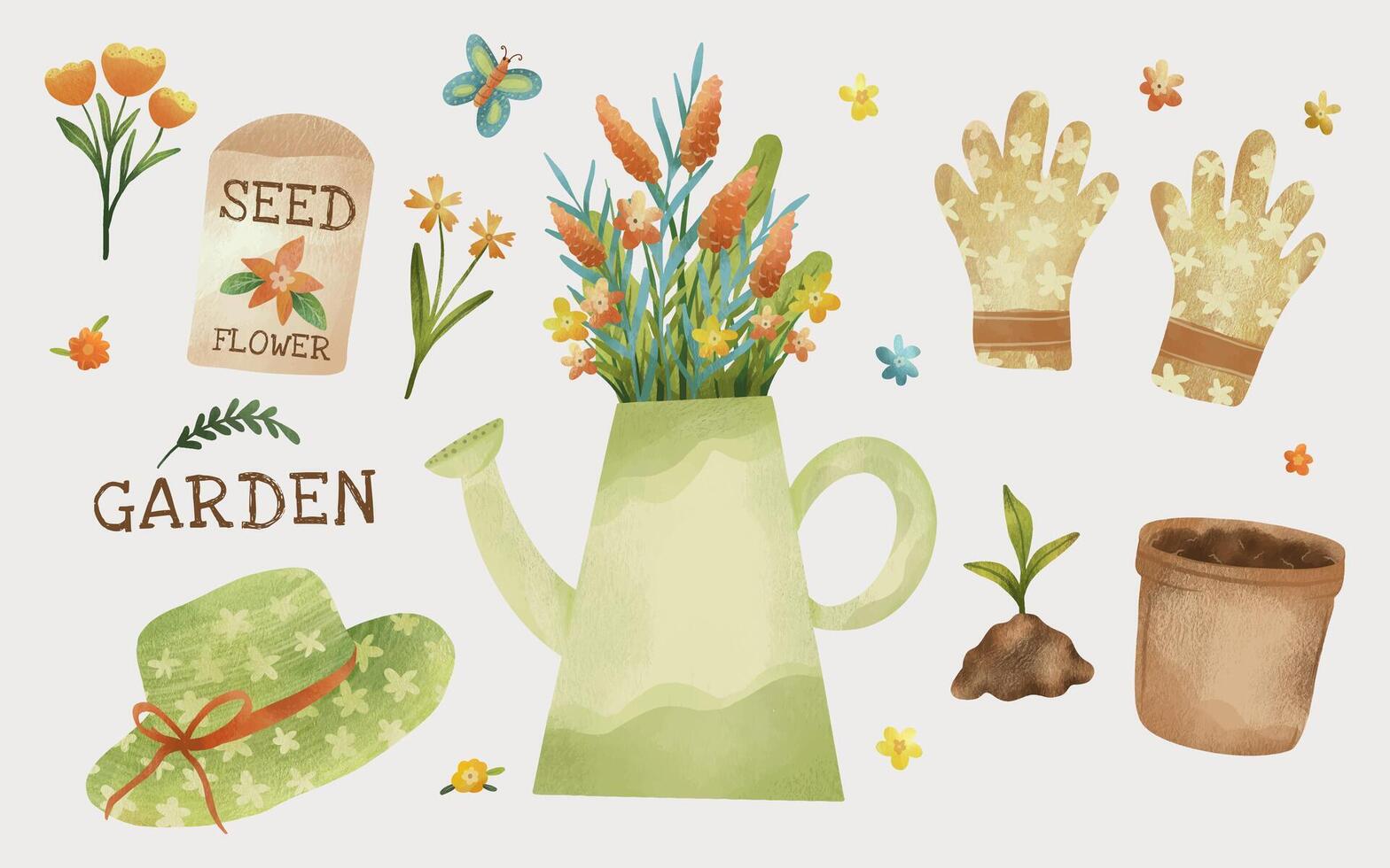 Gardening tools element and spring flowers illustration vector