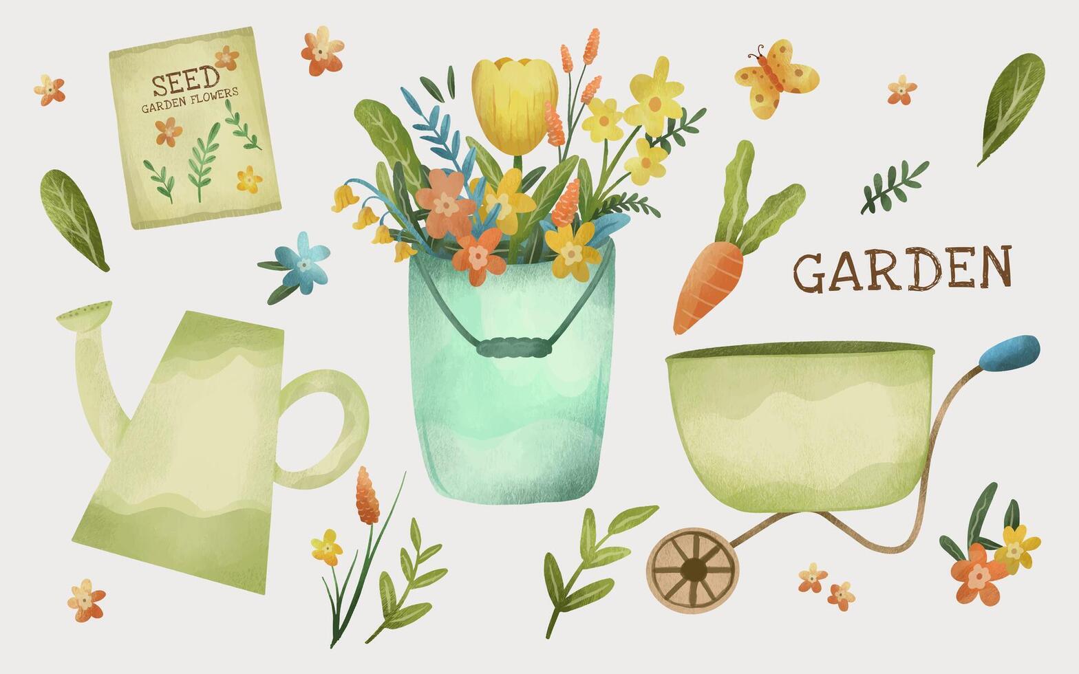 Gardening tools element and spring flowers illustration vector