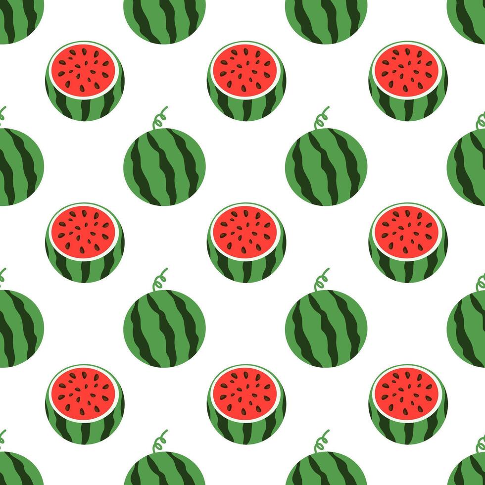 Whole and dissected Watermelon Seamless Pattern. Food Background. Summer fruit wallpaper. Flat illustration. vector